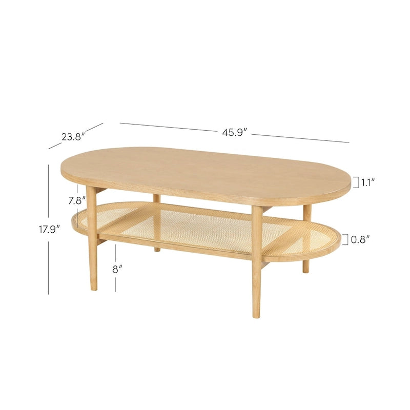 Nathan James Sonia Bohemian Couchtisch mit zwei ovalen Ebenen aus hellem Holz und Ablage aus Rattan
