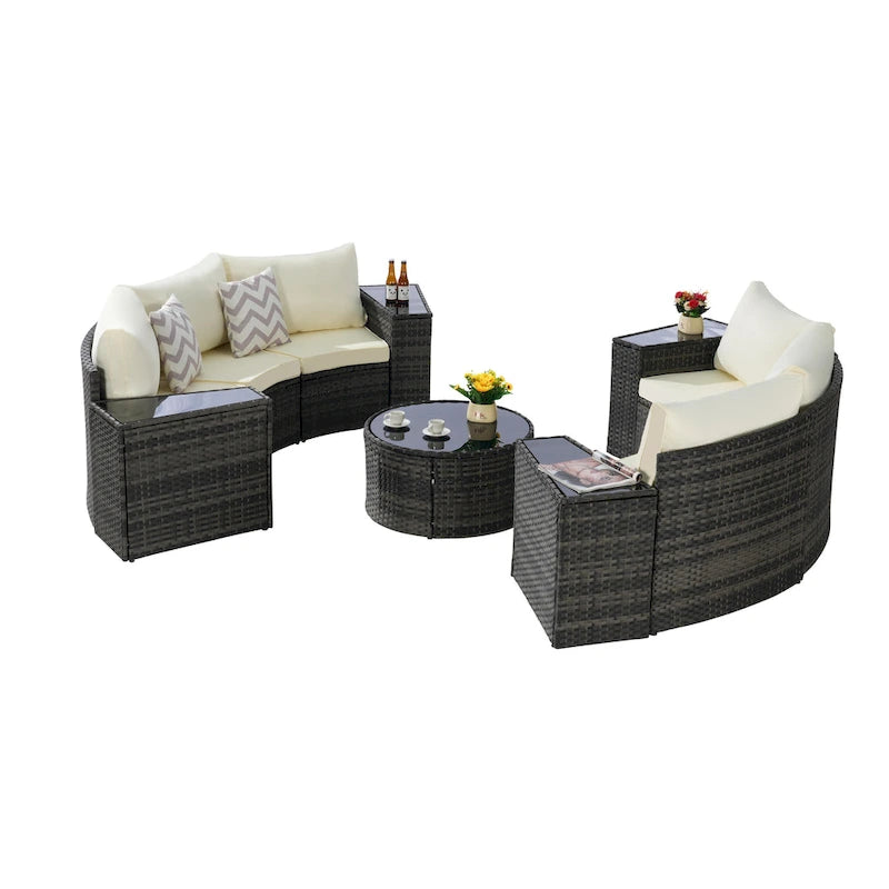 11-teiliges modulares Outdoor-Sofa-Set mit halbrunden Elementen, Couchtisch aus gehärtetem Glas und 4 Beistelltischen
