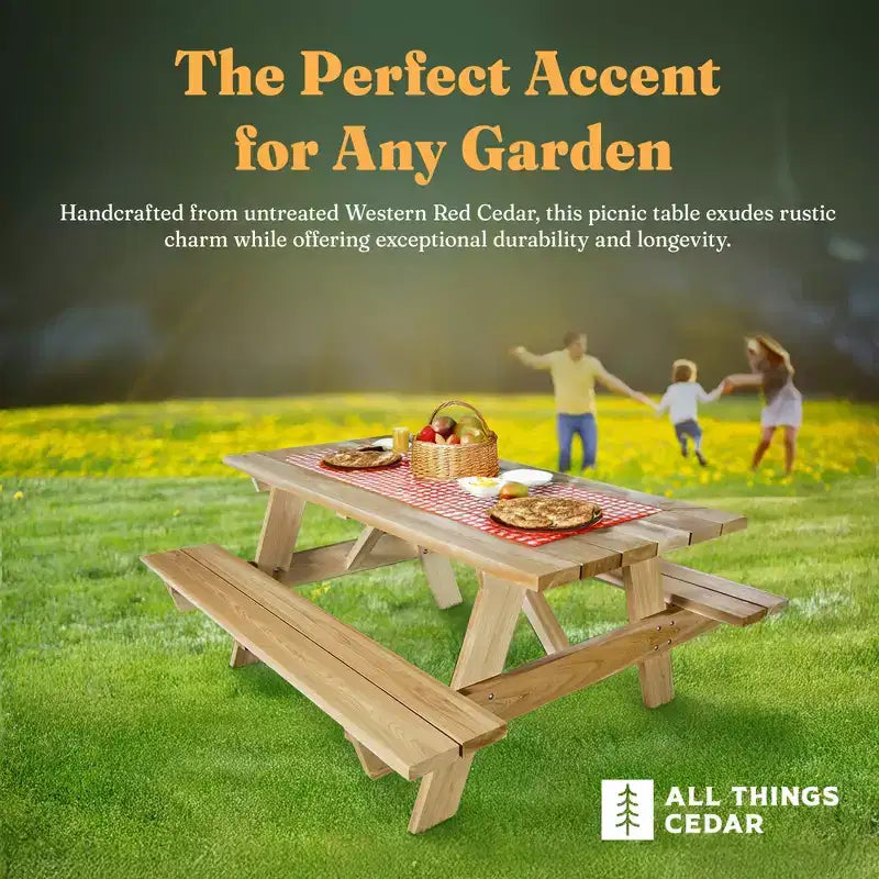 All Things Cedar 183 cm Outdoor-Picknicktisch, handgefertigtes Holz-Gartenbank-Set für Camping, Gartenpartys oder Tailgating, rustikales Zedernholz