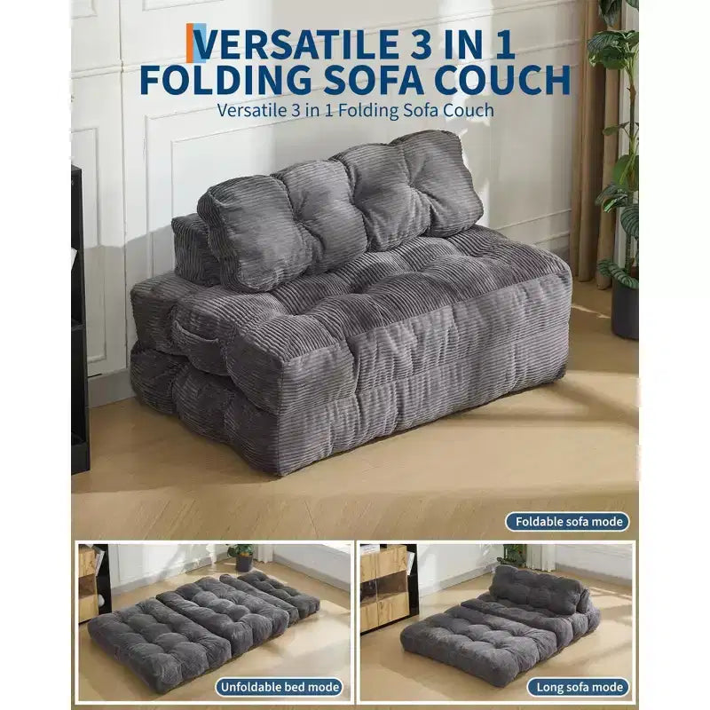 3-in-1-Klappsofa mit Schlaffunktion, umwandelbarer Schlafsessel mit Kissen, tragbarer ausklappbarer Sessel mit Schlaffunktion, bequemes Bodensofa mit Rückenstütze fürs Wohnzimmer, Beige