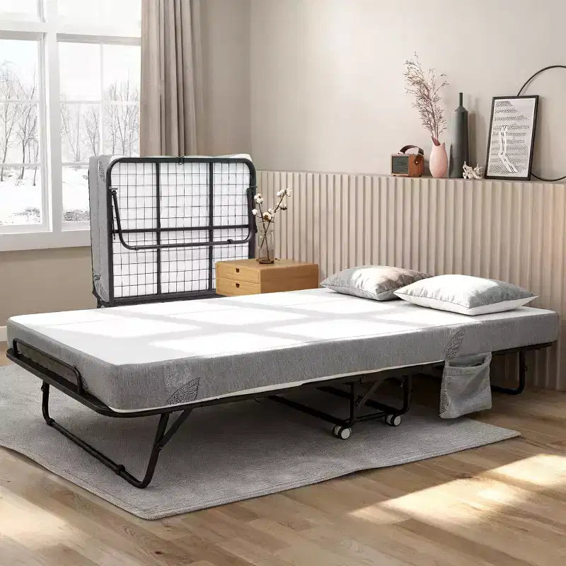 Klappbett mit Matratze für Erwachsene, tragbares Gästebett auf Rollen, faltbares Metallgestell-Bett mit 5-Zoll-Memory-Foam-Matratze und seitlicher Aufbewahrungstasche