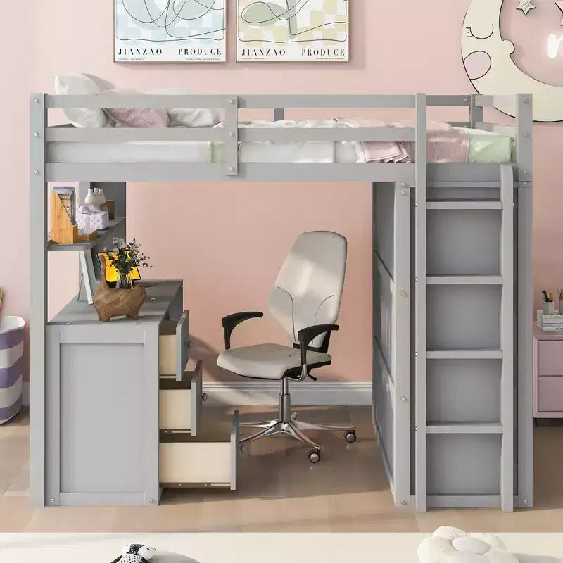 CLIHOME Hochbett in Full-Size mit 3 Schubladen, Schreibtisch und Kleiderschrank
