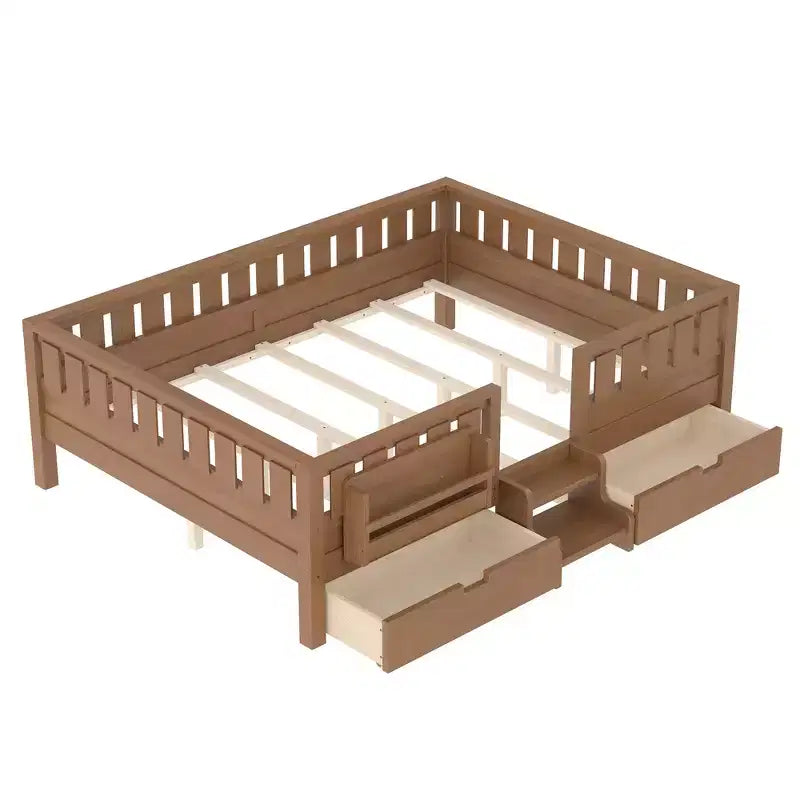 Bellemave Queen-Size-Kleinkindbett mit 14 Sicherheitsgeländern, platzsparender Bettrahmen mit integrierten Bücherregalen & 2 Schubladen unter dem Bett