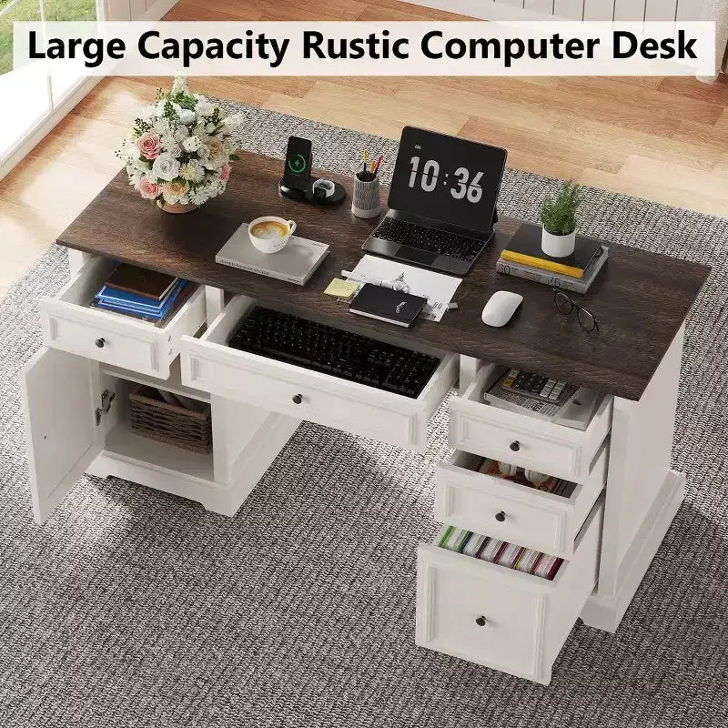 60-Zoll-Schreibtisch im Landhausstil fürs Homeoffice – Holzschreibtisch mit Schubladen und Stauraum im Schrank, rustikaler Schreibtisch für Arbeit und Studium
