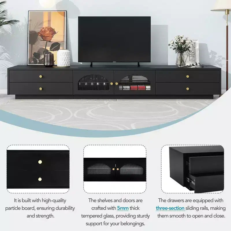 TV-Ständer für 95-Zoll-Fernseher, extra lange Medienkonsole mit 2 Türen und 4 Schubladen, großer TV-Schrank mit geriffelten Glastüren
