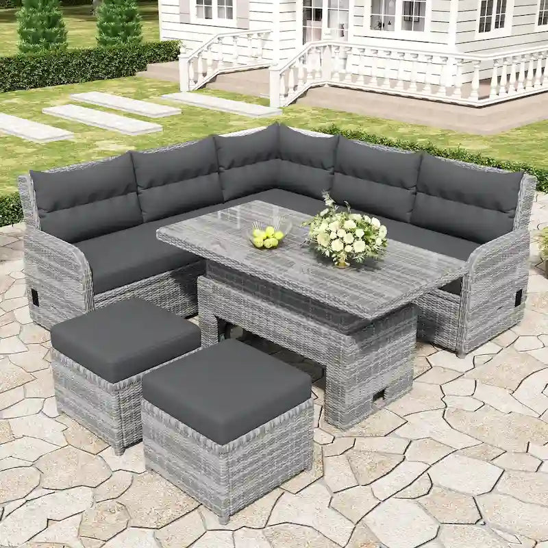 Outdoor-Rattan-Ecksofa-Set mit verstellbarem Tisch und Relaxsesseln