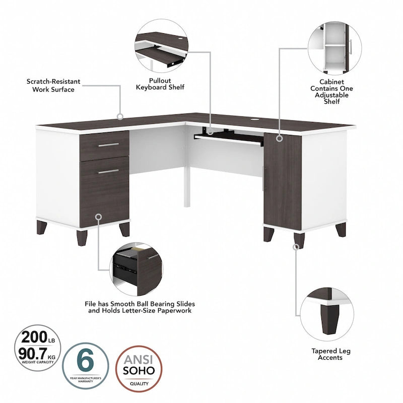 Bush Furniture Somerset 60 Zoll breiter L-förmiger Schreibtisch mit Aufsatzregal und Stauraum
