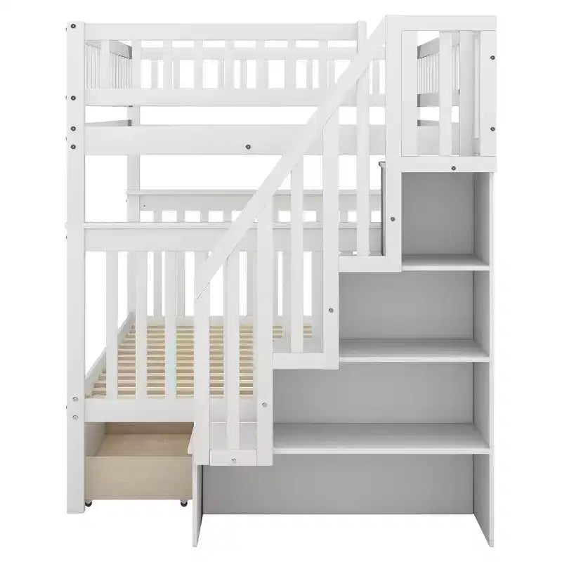 Etagenbett mit zwei Full-Size-Liegeflächen, Schubladen und Treppe mit Stauraum