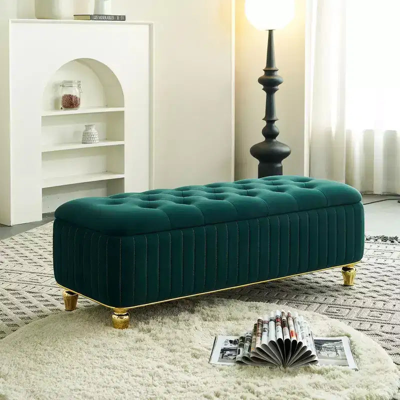 Okak moderne Luxus-Ottomanenbank mit Klappdeckel und tiefen Knöpfen, goldener Verzierung und Metallbeinen, gepolsterte Sitzbank mit Stauraum für Wohnzimmer und Schlafzimmer