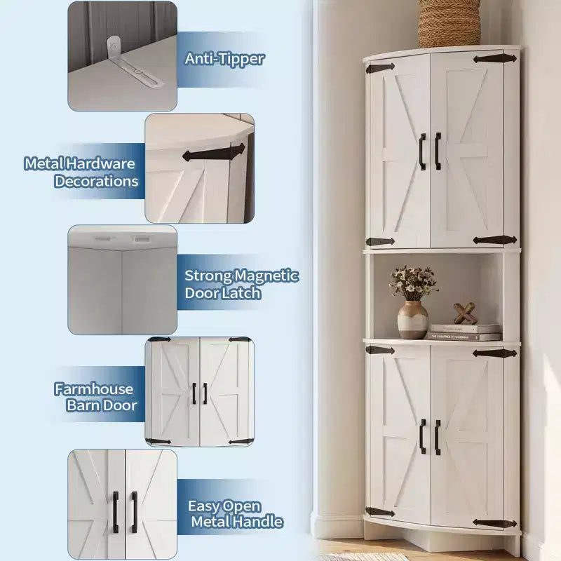 COZONY 65 Eckschrank im Landhausstil mit Türen und verstellbaren Einlegeböden, hoher Eckvorratsschrank für Küche und Wohnzimmer