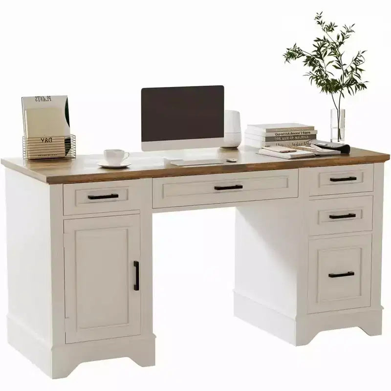 Landhaus-Schreibtisch für das Homeoffice mit Stauraum, Schreibtisch aus Holz mit 5 Schubladen & Schrank, rustikaler Computertisch für Wohnzimmer, Schlafzimmer und Arbeitszimmer