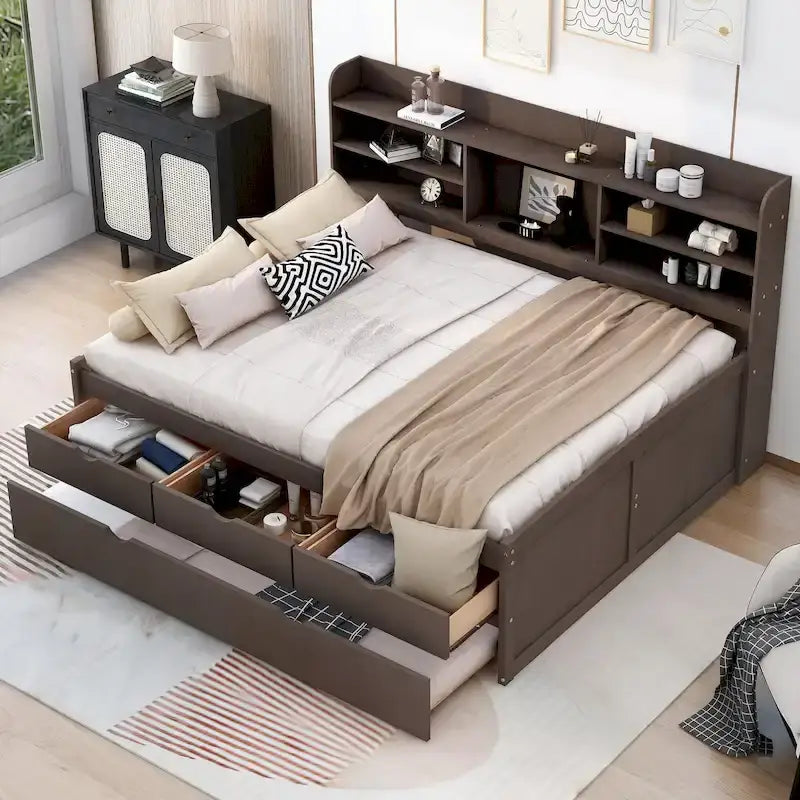 Full-Size-Kapitänsbett aus Holz mit integrierten Bücherregalen, drei Schubladen und Ausziehbett