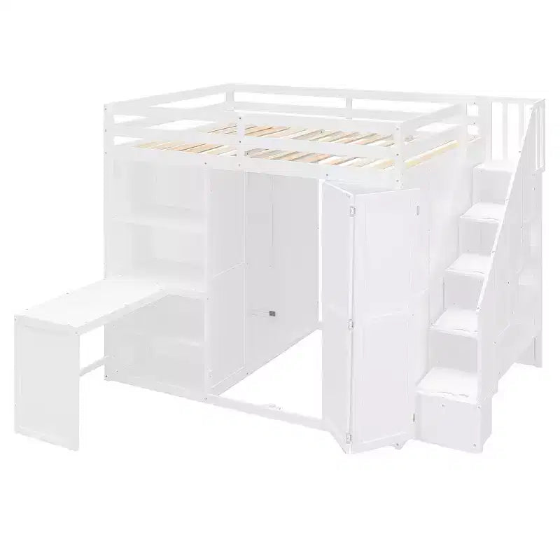 Whisen Hochbett in voller Größe mit Kleiderständern, klappbaren Regalen und Schreibtischen für ein organisiertes Zuhause