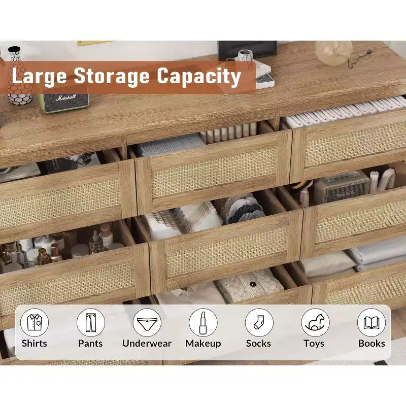 Kommode fürs Schlafzimmer, Rattan-Kommode mit 9 Schubladen für den Kleiderschrank, Doppelholz-Kommoden & Schubladenschränke