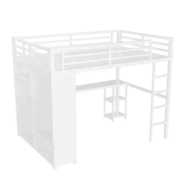 Queensize-Hochbett – Einbauschrank und Schreibtisch, Metallgestell mit Regalen