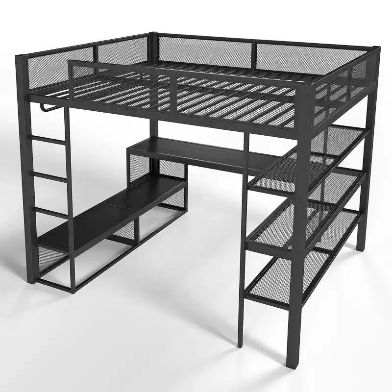Bellemave Queensize-Metallhochbett mit Schreibtisch, Ablagefächern und Kleiderstange, platzsparendes Hochbettgestell mit Schutzgittern und Leiter, kein Lattenrost erforderlich, Schwarz