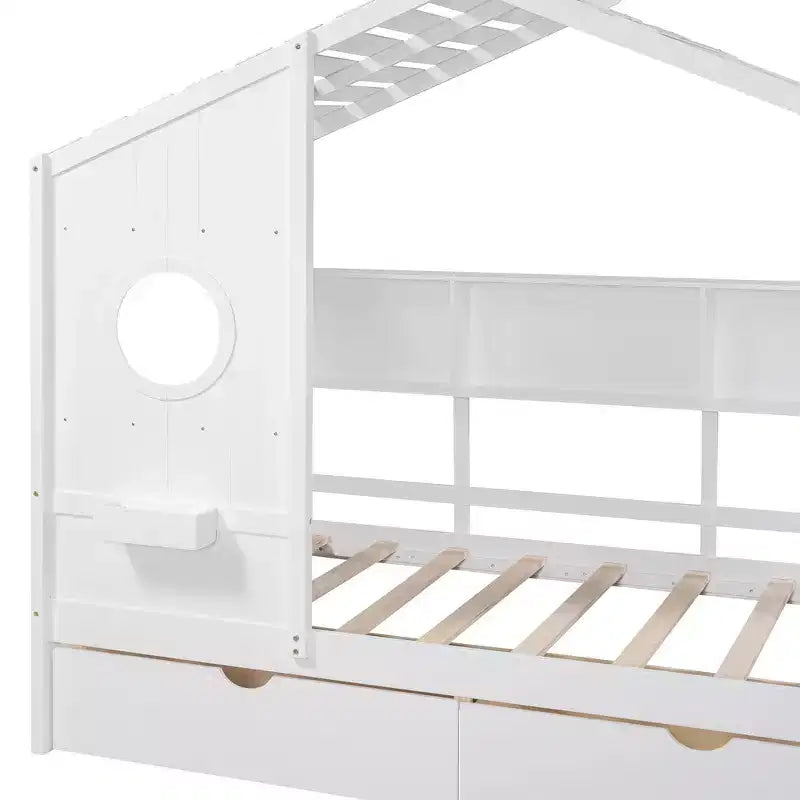 Whisen Hausbett für Kinder in Einzelbettgröße, Spielhausbett mit 2 Schubladen und Ablagefach