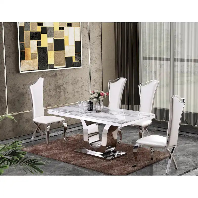 Luxuriöses 5-teiliges Esszimmer-Set aus weißem Echtmarmor in Premiumqualität