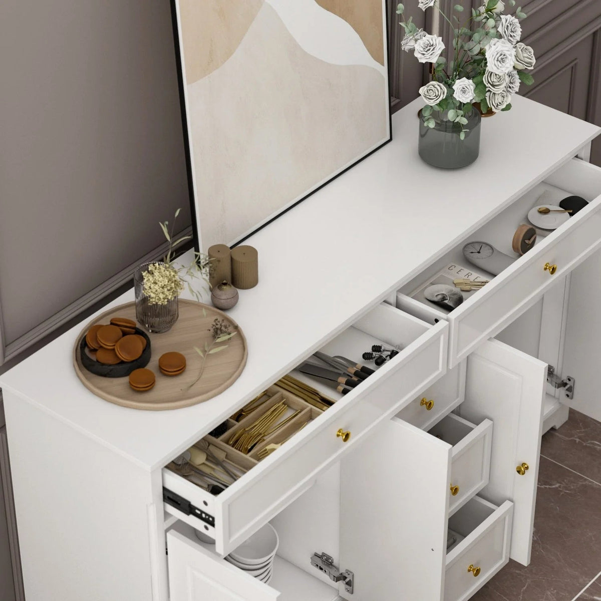 59,1 Sideboard Buffet Weiß Mid-Century Modern Contemporary Lackiert
