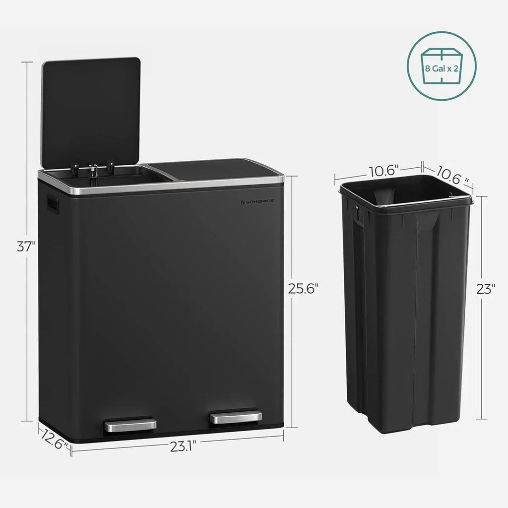 SONGMICS Doppel-Mülleimer, 60-Liter-Mülleimer aus Edelstahl, Schwarz