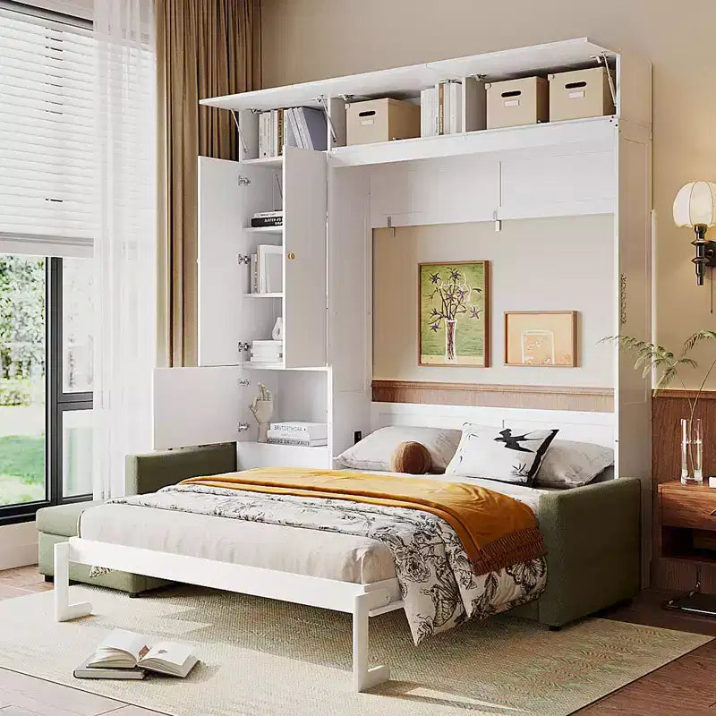 Schrankbett in Queen-Size mit Sofa und Schrank, hölzernes Queen-Size-Schrankbett als Wandbett mit Regalen, klappbares Wand-Schrankbett für Gästezimmer und Büro