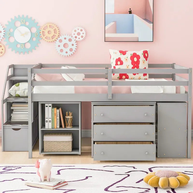 Full-Size-Hochbett mit ausziehbarem Schreibtisch und 3 Schubladen, Hochbett aus Holz mit Treppe mit Stauraum und Regalen