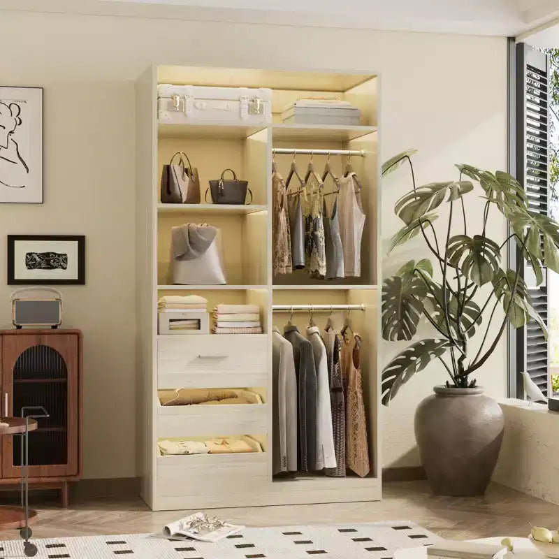 Schrank-Organizer mit Holzschubladen, freistehendes Schranksystem mit Kleiderstangen