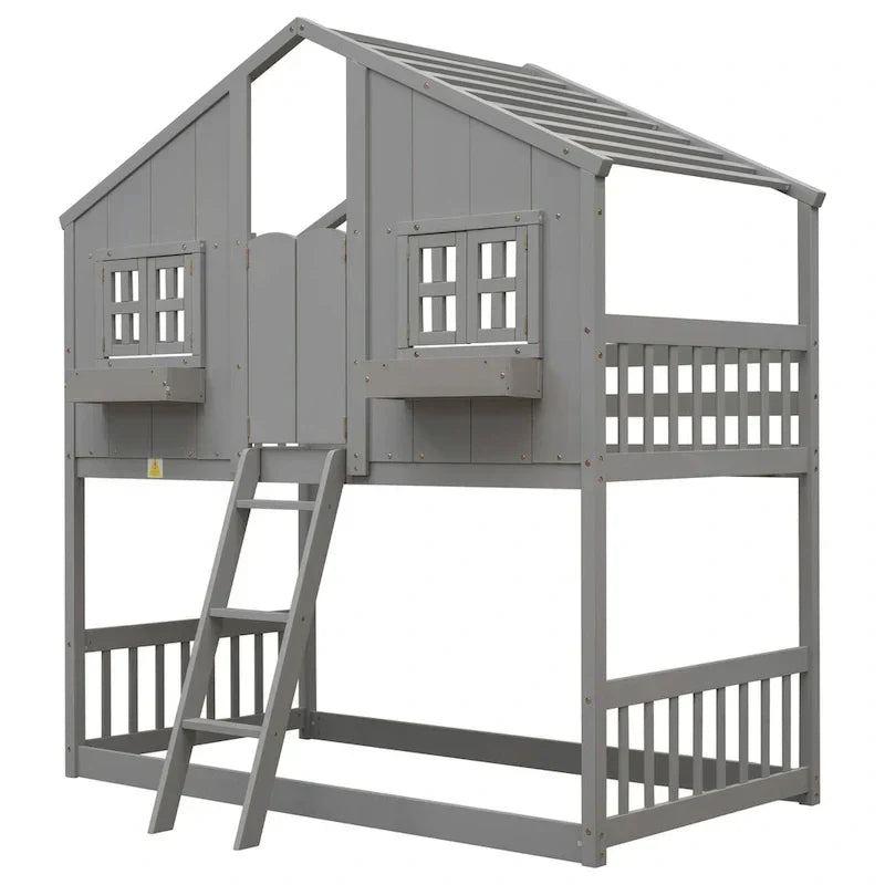 Etagenbett „Haus“ für zwei, mit Dach, Fenster, Blumenkasten und Tür, inklusive Sicherheitsgeländern und Leiter, Grau