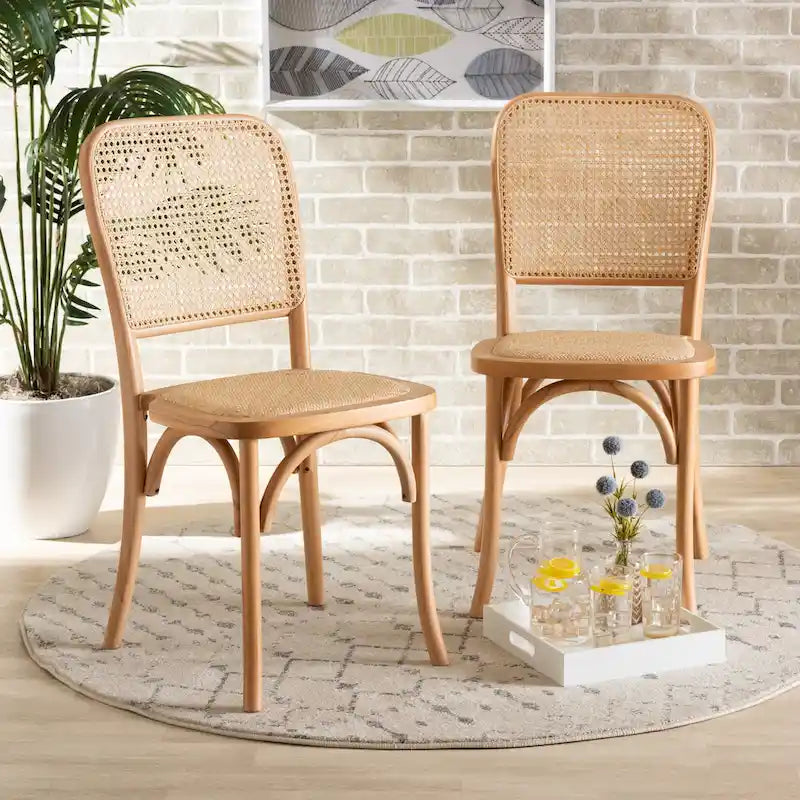 Neah Mid-Century Modern 2er-Set Esszimmerstühle aus geflochtenem Rattan und Holz