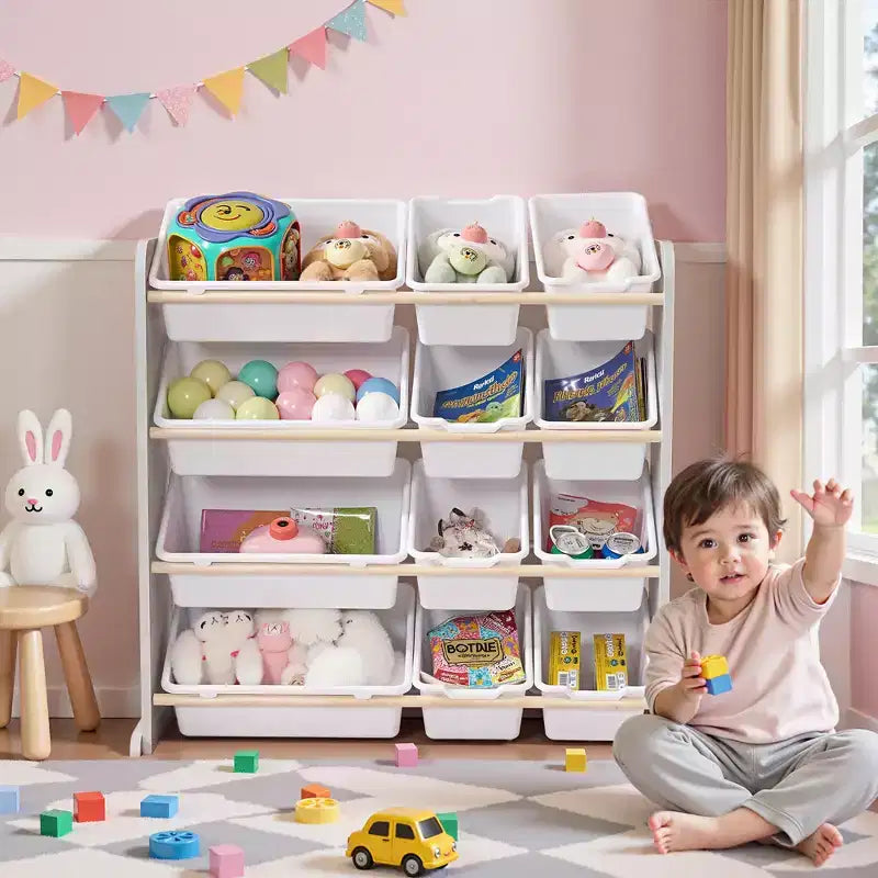 VECELO Kinder-Bücherregal mit Spielzeugaufbewahrung und 12 Körben, Spielzeugregal aus Holz für Kleinkinder, geräumige Spielzimmeraufbewahrung für Bücher oder Spielzeug
