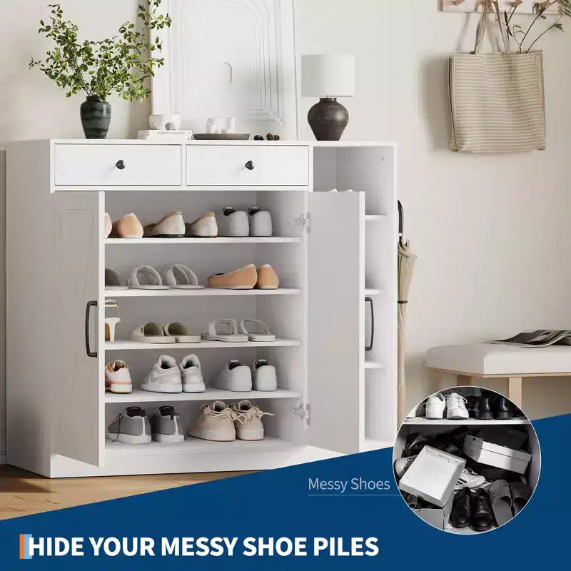 Schuhschrank, Schuhaufbewahrungsschrank im Landhausstil mit 2 Stalltüren, Schubladen, verstellbaren Einlegeböden & Haken für Eingangsbereich und Flur
