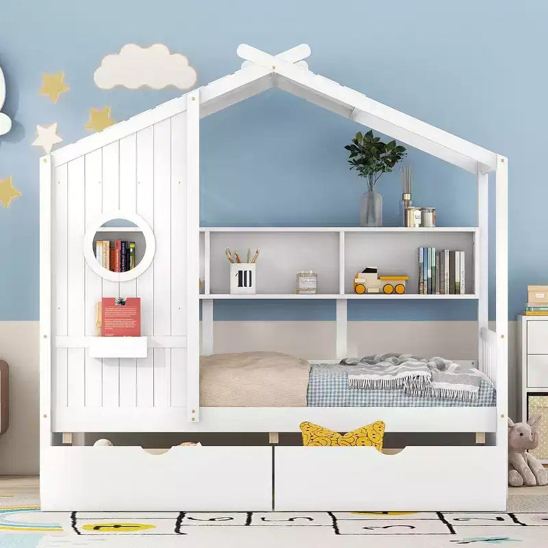 Whisen Hausbett für Kinder in Einzelbettgröße, Spielhausbett mit 2 Schubladen und Ablagefach