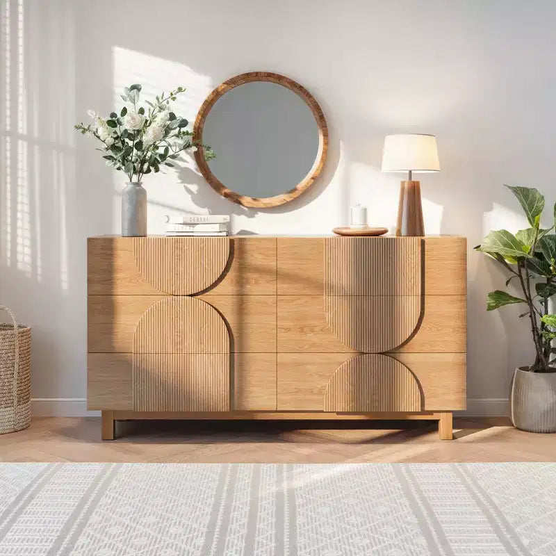 Moderne geometrische Kommode mit 6 Schubladen, breiter Aufbewahrungsschrank mit Halbkreis-Akzent für Schlaf- und Wohnzimmer