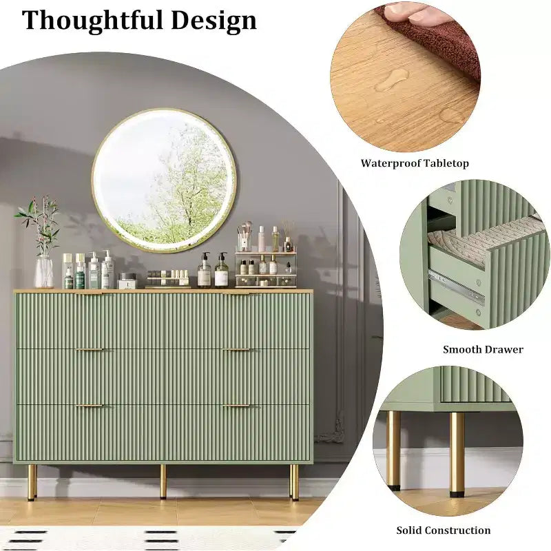 COZONY 6-Schubladen-Kommode mit geriffeltem Design, moderner Holz-Aufbewahrungsschrank, breite Schubladenkommode für Schlafzimmer, Wohnzimmer und Eingangsbereich