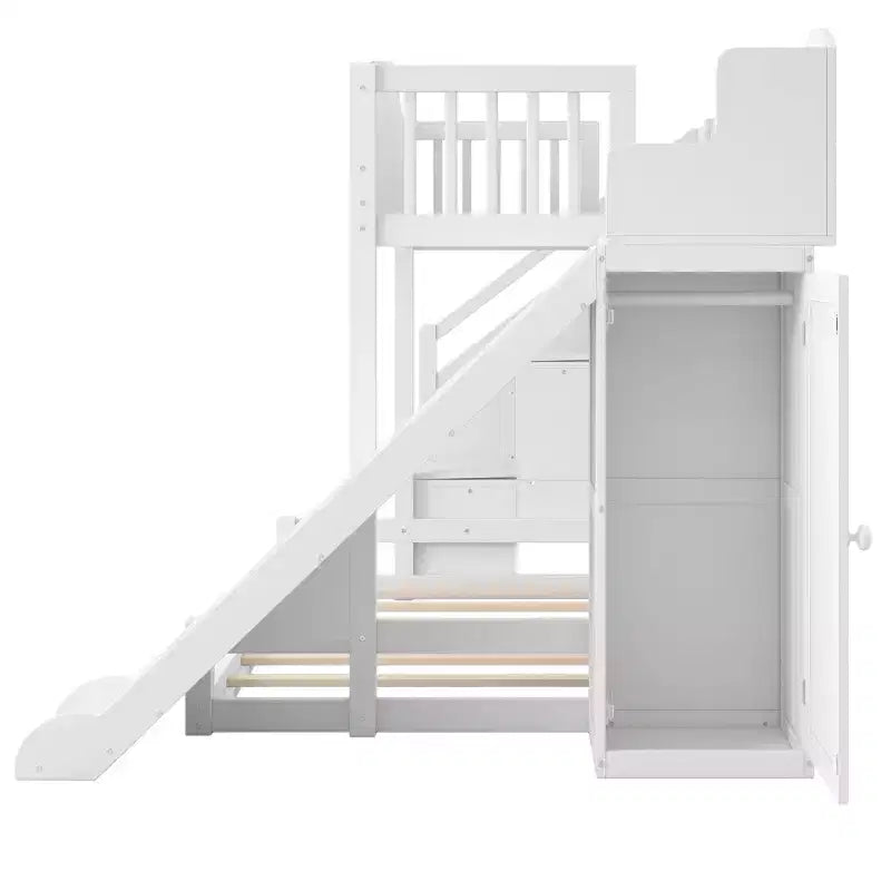 Etagenbett (90x200 cm oben / 140x200 cm unten) mit Rutsche, Regalen, Treppe mit Stauraum und Kleiderschrank für das Kinderzimmer