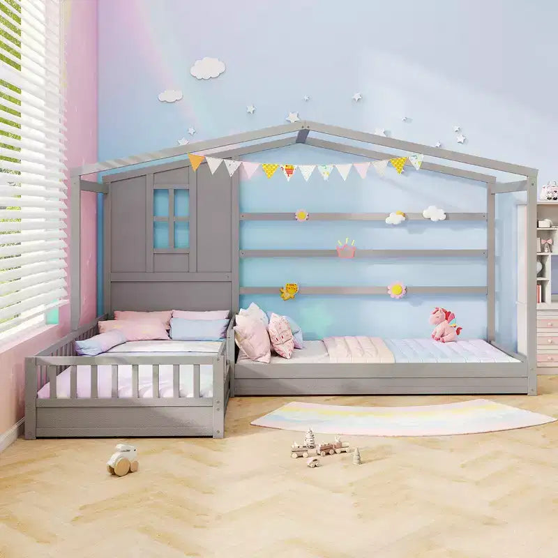 L-förmiges Etagenbett-Set mit Haus-Design, Fenster und Zäunen – Grau/Weiß