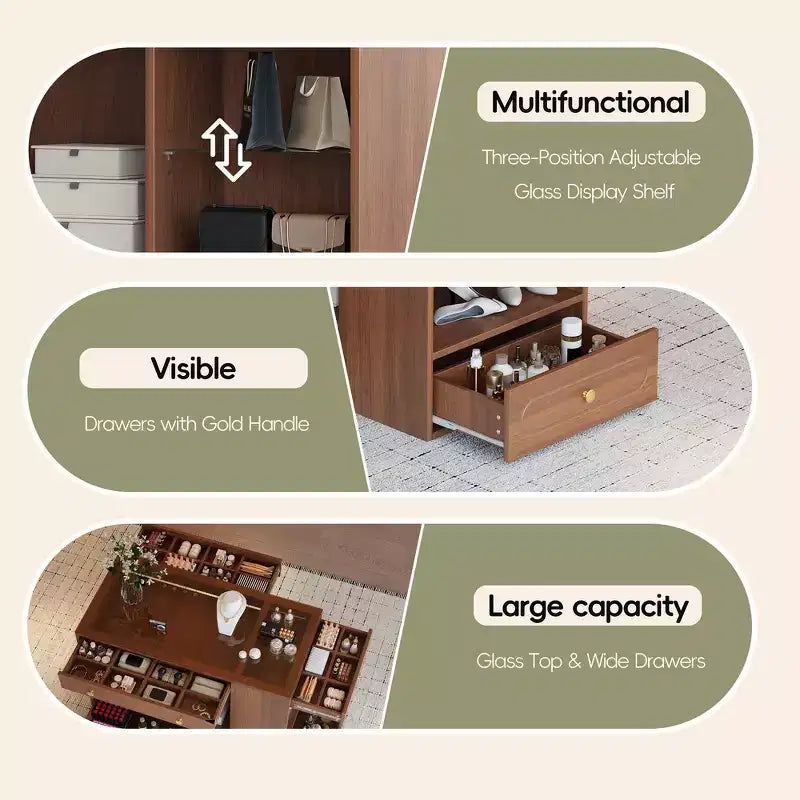 Kleiderschrank-Insel mit 6 Schubladen, Glas-Präsentationsplatte & offenen Regalen