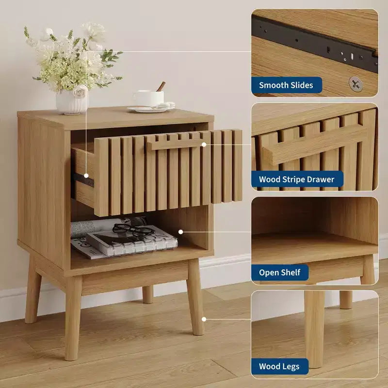 2er-Set Nachttische im Boho-Stil mit gestreifter Schublade und offenem Regal, kompakter Beistelltisch aus Holz fürs Bett, kleiner Beistelltisch für Schlafzimmer und Wohnzimmer