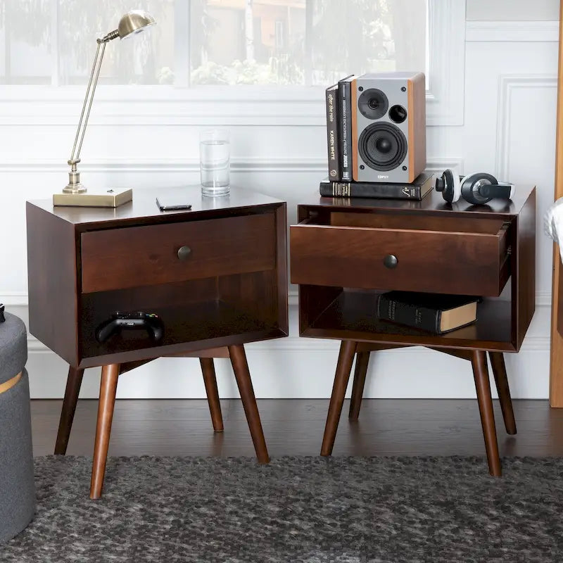 2er-Set Mid-Century Nachttische aus Massivholz mit 1 Schublade, Beistelltische fürs Schlafzimmer