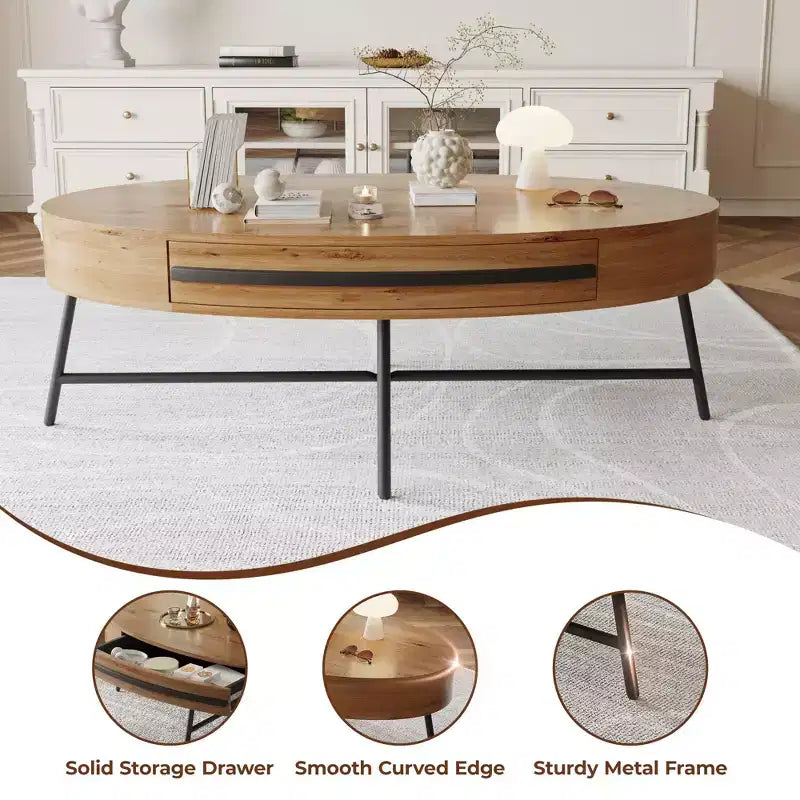 Ovaler Couchtisch mit Schublade, Mid-Century Modern Wohnzimmertisch 120 cm, Holztisch mit Stauraum und gekreuzten Metallbeinen, geschwungenes Design