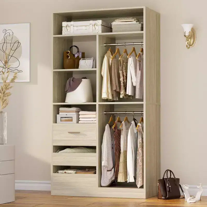 Schrank-Organizer mit Holzschubladen, freistehendes Schranksystem mit Kleiderstangen