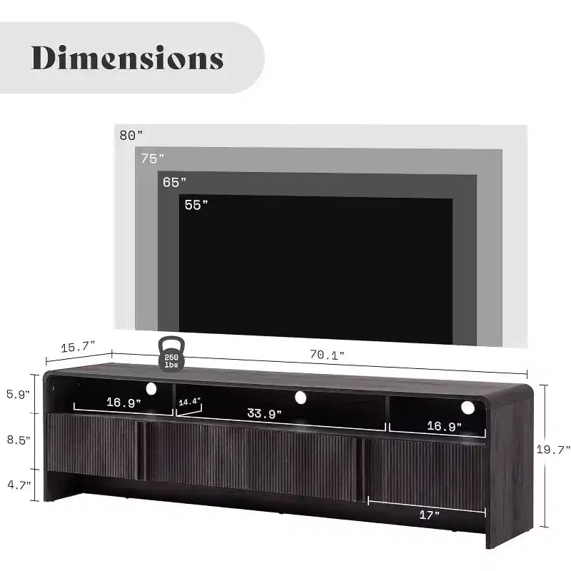 AMERLIFE 70" Modernes TV-Lowboard mit geriffeltem Design & Staufächern, für Fernseher bis 80", Holz-Mediakonsole für das Wohnzimmer