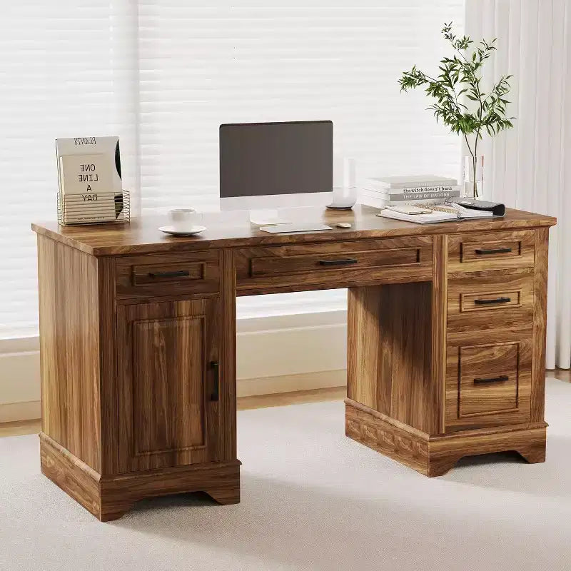 Landhaus-Schreibtisch für das Homeoffice mit Stauraum, Schreibtisch aus Holz mit 5 Schubladen & Schrank, rustikaler Computertisch für Wohnzimmer, Schlafzimmer und Arbeitszimmer