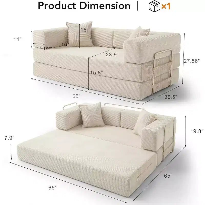 Dyonery 65-Zoll 5-in-1-Schlafsofa, zu einem Doppelbett umbaubar, mit festem Metallrahmen, Cord
