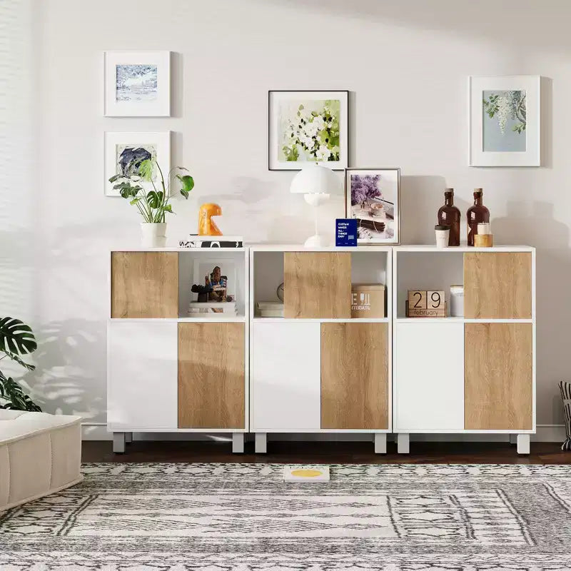 CuisinSmart Holzaufbewahrungsschrank, Sideboard-Buffetschrank mit Schiebetüren & verstellbaren Einlegeböden, Badezimmer-Vitrinenschränke, Weiß
