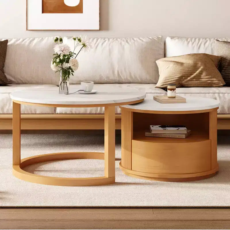 Moderner Couchtisch in Nesting-Bauweise mit Schublade, runder Wohnzimmertisch mit Stauraum