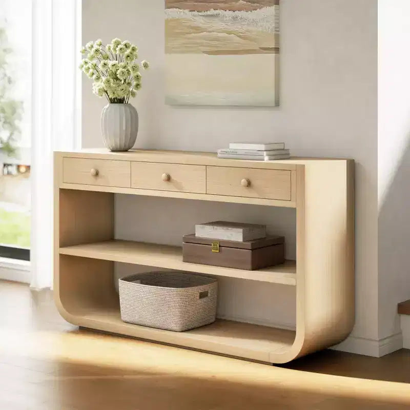 ModernLuxe geschwungener Konsolentisch, Flurtisch, Sofabeistelltisch, Präsentationsständer, Akzenttisch mit 3 Soft-Close-Schubladen & 2 offenen Ablagen