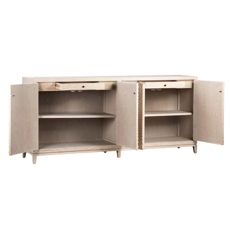 Isabelle 200 cm Sideboard aus Kiefernholz in Light Wash mit 4 Türen und handgeschnitztem Burst-Muster auf den Fronten