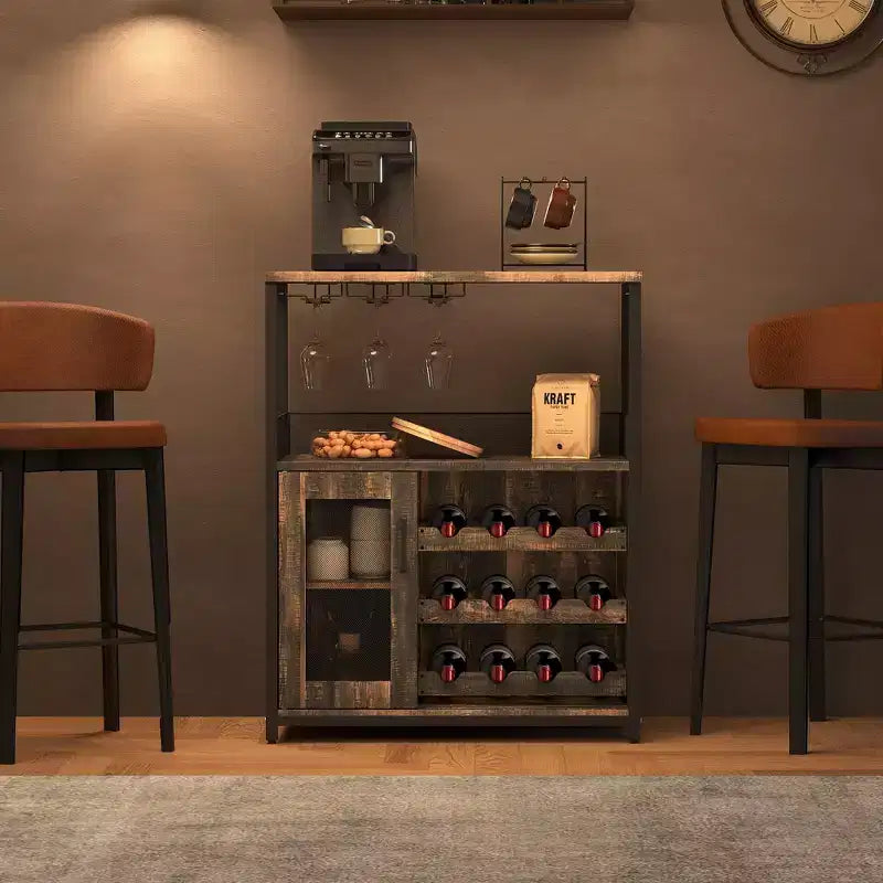 Grauer 3-stöckiger industrieller Weinbarschrank (12+ Flaschen), 91,4 H x 61 B x 38,1 T cm, abnehmbares Regal, 9 Glashalter & verstellbare Einlegeböden für Zuhause/Bar