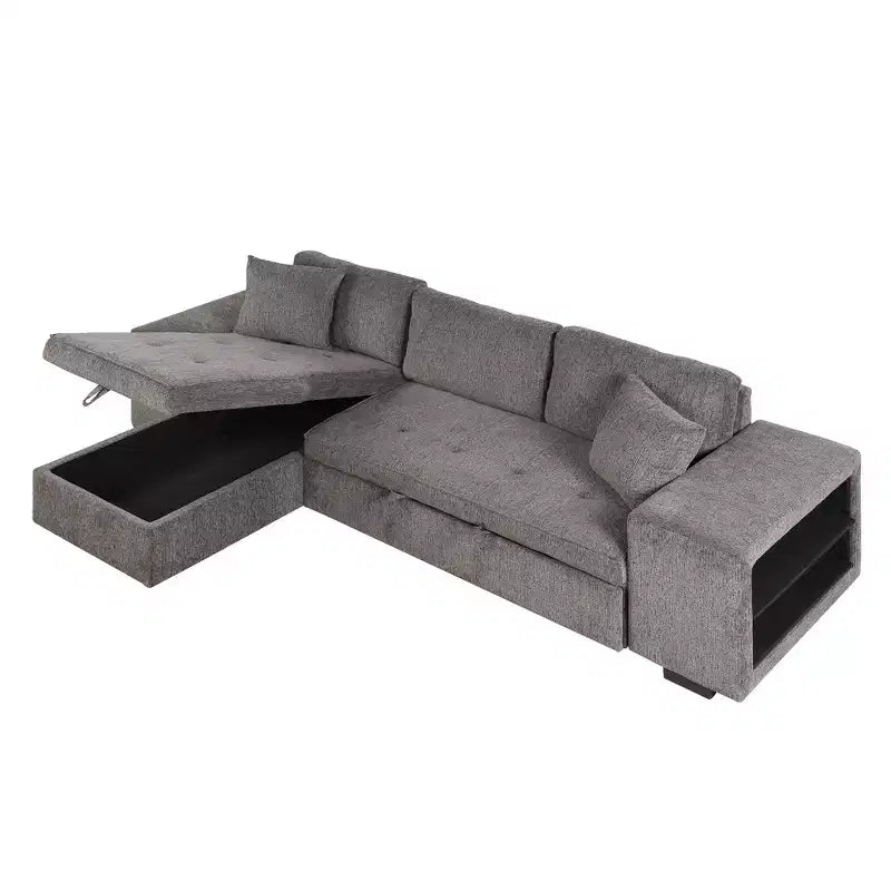 104,5 Zoll L-förmige Schlafcouchgarnitur mit Stauraum-Chaiselongue und 2 Hockern – 3-Sitzer-Schlafsofa mit Schlaffunktion für das Wohnzimmer
